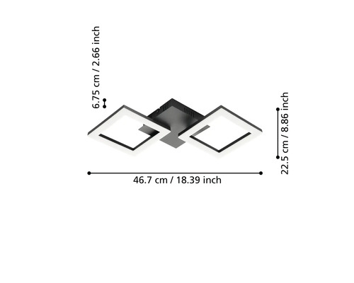LED-taklampa med två kvadratiska ramar, mått 46,7 centimeter bred, 22,5 centimeter djup och 6,75 centimeter hög.