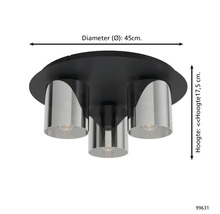 Modern taklampa med tre cylindriska skärmar av spegelglas på en rund bas. Diameter 45 centimeter, höjd 17,5 centimeter.