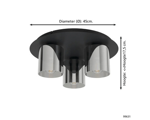 Modern taklampa med tre cylindriska skärmar av spegelglas på en rund bas. Diameter 45 centimeter, höjd 17,5 centimeter.