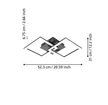 Modern LED-taklampa med två kvadrater, mått: bredd 52,3 centimeter, djup 31 centimeter, höjd 6,75 centimeter.