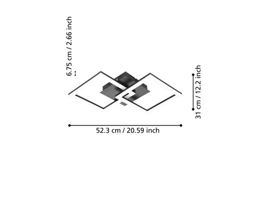 Modern LED-taklampa med två kvadrater, mått: bredd 52,3 centimeter, djup 31 centimeter, höjd 6,75 centimeter.