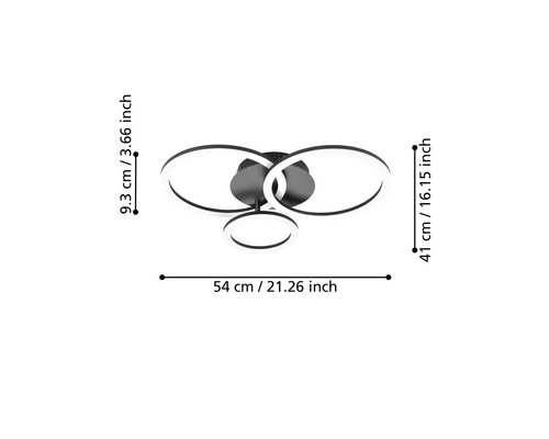 LED-taklampa med tre ringar, mått: bredd 54 centimeter, djup 41 centimeter, höjd 9,3 centimeter.