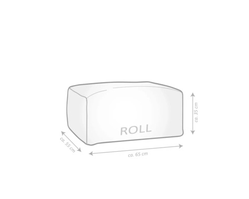 Skiss av en rektangulär kudde med måtten cirka 65 centimeter lång, 55 centimeter bred och 35 centimeter hög.