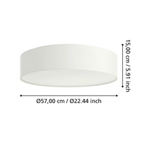 Rund taklampa med måttangivelser: diameter 57 centimeter och höjd 15 centimeter.
