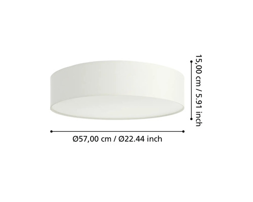 Rund taklampa med måttangivelser: diameter 57 centimeter och höjd 15 centimeter.