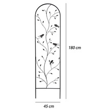 Svart spaljé i metall med dekorativt blad- och fågelmotiv, höjd 180 centimeter, bredd 45 centimeter.