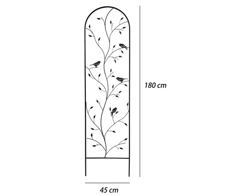 Svart spaljé i metall med dekorativt blad- och fågelmotiv, höjd 180 centimeter, bredd 45 centimeter.