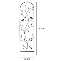 Växtstöd i metall med dekor av blad och fåglar, 150 gånger 36 centimeter.