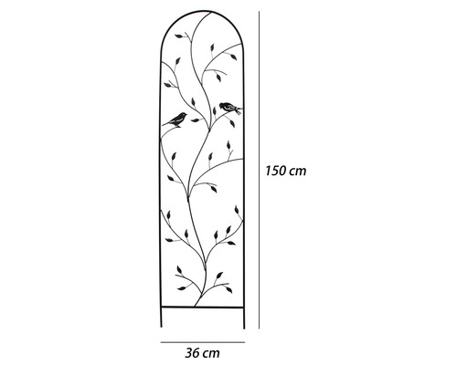 Växtstöd i metall med dekor av blad och fåglar, 150 gånger 36 centimeter.