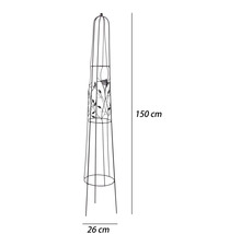 Växtstöd i metall med dekor av fågel och blad, höjd 150 centimeter, diameter 26 centimeter.