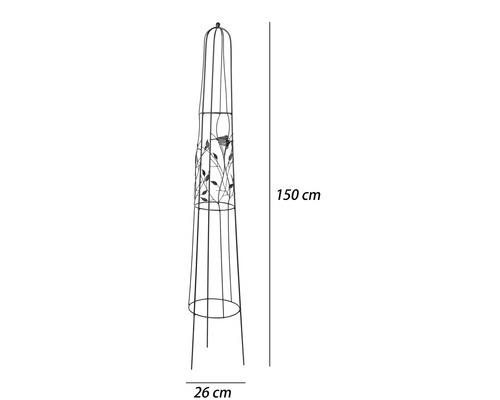 Växtstöd i metall med dekor av fågel och blad, höjd 150 centimeter, diameter 26 centimeter.