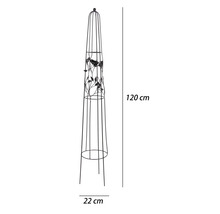 Växtstöd obelisk i metall med fågel- och bladmotiv, höjd 120 centimeter, bredd 22 centimeter.