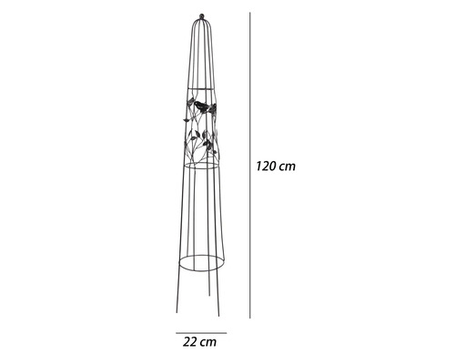 Växtstöd obelisk i metall med fågel- och bladmotiv, höjd 120 centimeter, bredd 22 centimeter.