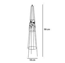 Växtstöd i metall med motiv av fåglar och blad, höjd 90 centimeter, diameter 18 centimeter.