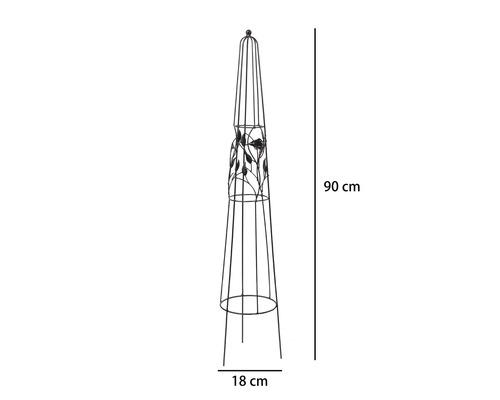 Växtstöd i metall med motiv av fåglar och blad, höjd 90 centimeter, diameter 18 centimeter.
