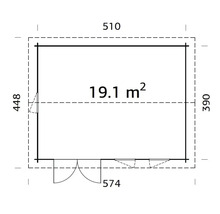 Planritning för en trädgårdsstuga med en yta på 19,1 kvadratmeter, yttermått 510 gånger 390 centimeter, inklusive dubbeldörr och fönster.