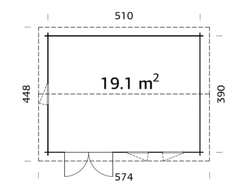 Planritning för en trädgårdsstuga med en yta på 19,1 kvadratmeter, yttermått 510 gånger 390 centimeter, inklusive dubbeldörr och fönster.