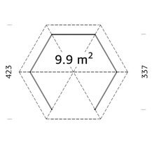 Planritning för en sexkantig trädgårdsstuga med yta på 9,9 kvadratmeter och måtten 423 gånger 337 centimeter.