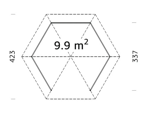 Planritning för en sexkantig trädgårdsstuga med yta på 9,9 kvadratmeter och måtten 423 gånger 337 centimeter.
