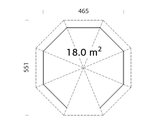 Teknisk planritning för en åttkantig trädgårdsstuga med måtten 465 gånger 551 och en yta på 18,0 kvadratmeter.