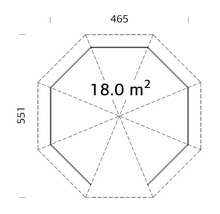 Teknisk planritning för en åttkantig trädgårdsstuga med måtten 465 gånger 551 och en yta på 18,0 kvadratmeter.