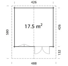 Planritning för en friggebod med en yta på 17,5 kvadratmeter och måtten 488 gånger 580 centimeter.