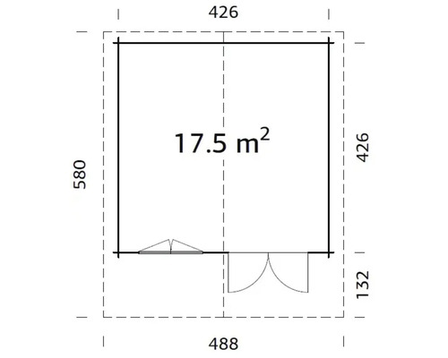 Planritning för en friggebod med en yta på 17,5 kvadratmeter och måtten 488 gånger 580 centimeter.