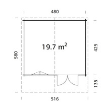 Planritning för en friggebod med en yta på 19,7 kvadratmeter och detaljerade mått.