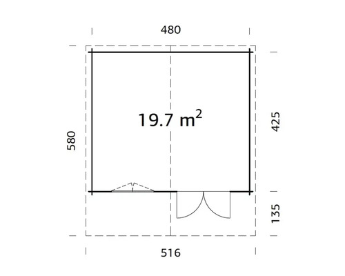 Planritning för en friggebod med en yta på 19,7 kvadratmeter och detaljerade mått.