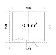 Planritning av ett tradgardshus med en yta pa 10.4 kvadratmeter och matt i centimeter