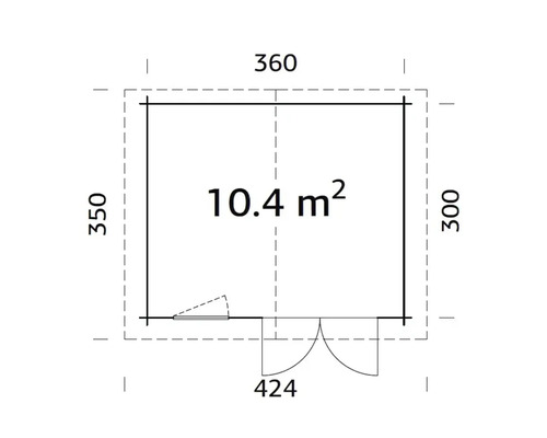 Planritning av ett tradgardshus med en yta pa 10.4 kvadratmeter och matt i centimeter