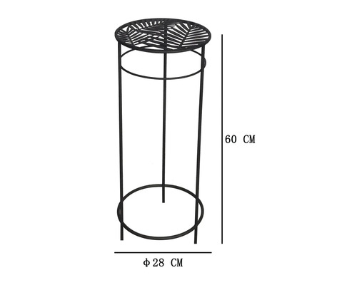 Runt blomstativ i metall med bladmönster på hyllan, höjd 60 centimeter, diameter 28 centimeter.