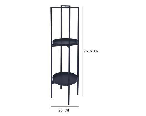 Blomsterställ i metall med två runda hyllor, höjd 76,5 centimeter, bredd 23 centimeter.