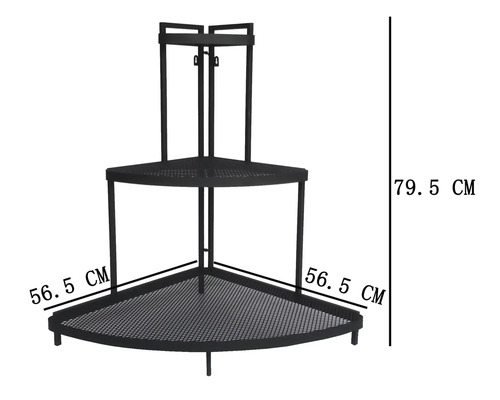 Hörnhylla i metall med två hyllplan och mått på 56,5 centimeter gånger 56,5 centimeter gånger 79,5 centimeter.