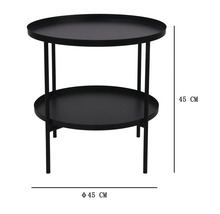 Runt sidobord i metall med två hyllplan, diameter 45 centimeter, höjd 45 centimeter.