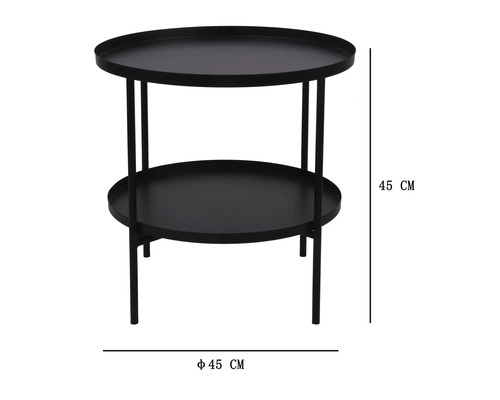 Runt sidobord i metall med två hyllplan, diameter 45 centimeter, höjd 45 centimeter.