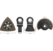 Set med fyra Bosch Starlock multiverktygstillbehor for olika sag- och slipapplikationer.