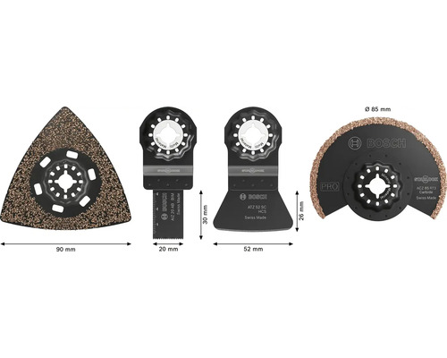 Set med fyra Bosch Starlock multiverktygstillbehor for olika sag- och slipapplikationer.