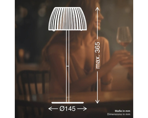 Skiss av en bordslampa med lampskärm och mått på maximalt 365 millimeter i höjd och 145 millimeter i diameter.
