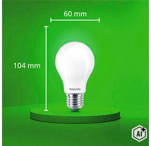 Philips LED-lampa med E27-sockel, 60 millimeter diameter och 104 millimeter total höjd. (Image AI modified or generated)