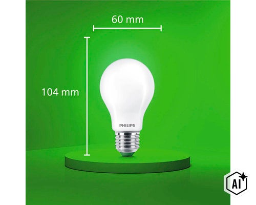 Philips LED-lampa med E27-sockel, 60 millimeter diameter och 104 millimeter total höjd. (Image AI modified or generated)