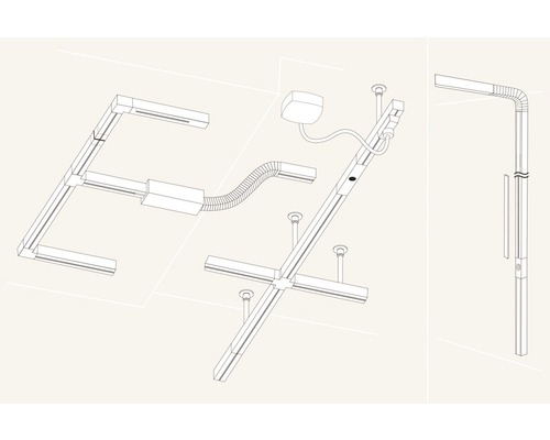 Illustration av ett linjärt ljussystem med skenor och anslutningselement för takmontering