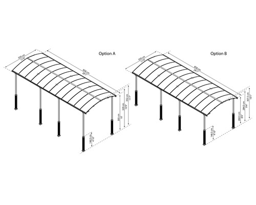 Ritning med dimensioner för två carportalternativ