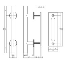 Skjutdörrhandtag INTERSTEEL Set T-modell Ø 25x305mm skjutdörrskål 220x60x6mm svart
