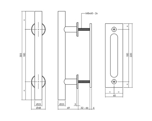 Teknisk ritning av ett stånghandtag med måttangivelser