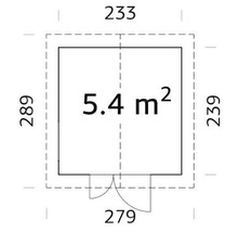 Planlösning för ett trädgårdshus med måtten 233 gånger 289 centimeter och en yta på 5,4 kvadratmeter