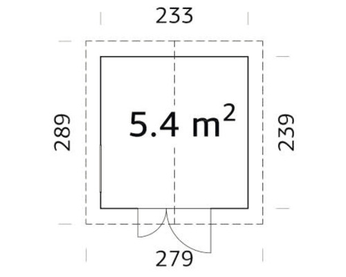 Planlösning för ett trädgårdshus med måtten 233 gånger 289 centimeter och en yta på 5,4 kvadratmeter