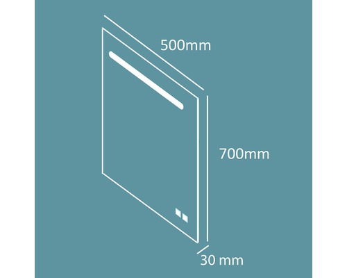 Teknisk ritning av en spegel som mäter 500 millimeter gånger 700 millimeter gånger 30 millimeter