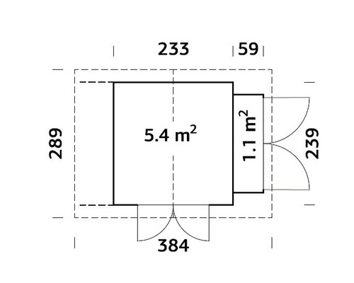 Planritning över ett trädgårdshus med måtten 289 gånger 384 centimeter
