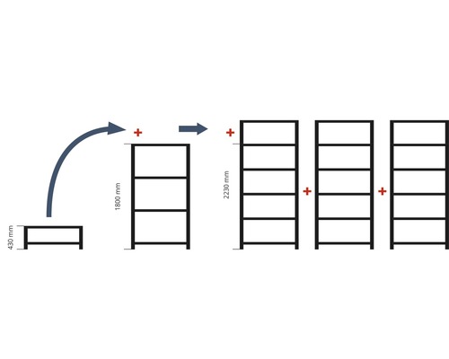 Diagram som illustrerar det modulära hyllsystemet med angivande av höjder i millimeter